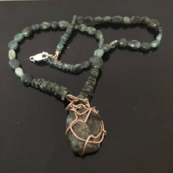 Genuine Emerald Gemstone Sterling Silver Necklace Pendant Wire Wrapped Natural - Picture 9 of 11